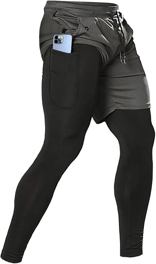 Aolesy Men's 2 in 1 Running Pants, Gym Workout Compression Pants for Men Training Athletic