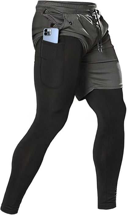 Aolesy Men's 2 in 1 Running Pants, Gym Workout Compression Pants for Men Training Athletic