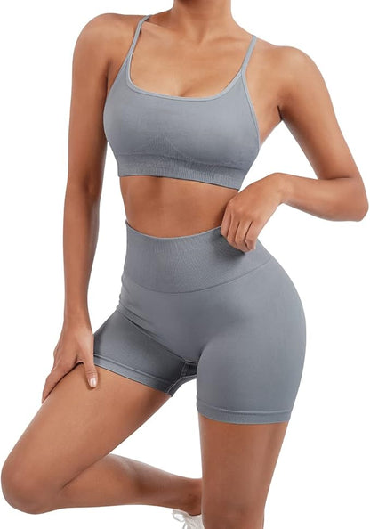 SUUKSESS Women Seamless Workout Sets Strappy Sports Bra High Waist Booty Shorts Outfits