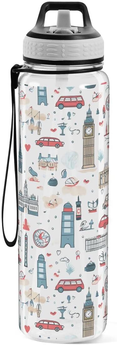 ALAZA Cartoon Big Ben London Cityscape Sports Water Bottle with Straw Tritan Drink Bottle 32 oz BPA Free Reusable for Travel Outdoor Fitness