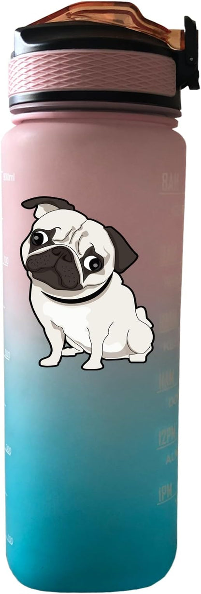 Pug Dog 32 oz Water Bottle with Times Marker to Drink and Straw, Carrying Strap, Leakproof BPA-Free, Ensure You Drink Enough Water for Fitness, Gym, Camping, Outdoor Sports