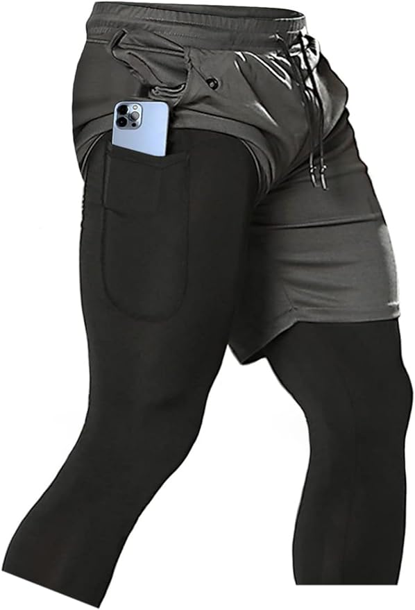 Aolesy Men's 2 in 1 Running Pants, Gym Workout Compression Pants for Men Training Athletic