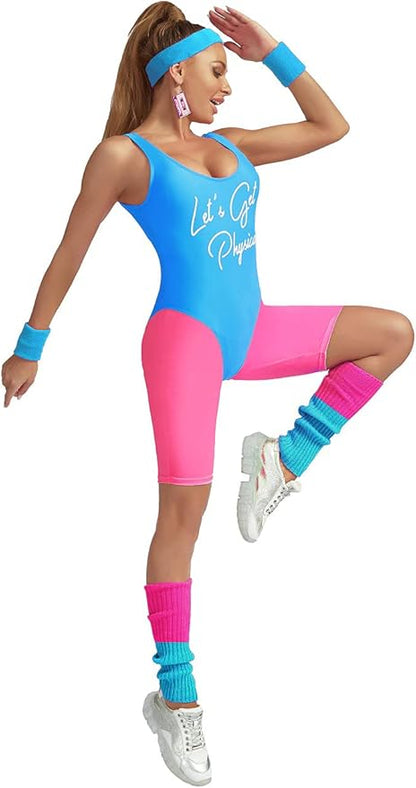 MIAIULIA Womens 80s Workout Costume Outfit 80s Accessories Set Leotard Neon Legging Headband Wristbands Set