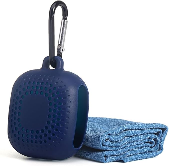AKOAK Outdoor Travel Quick Drying 40CM Towel with Portable Creative Silicone Box, Microfiber Cold Sports Quick Drying Towel, Gym, Beach, Yoga, Sports Travel (Blue)