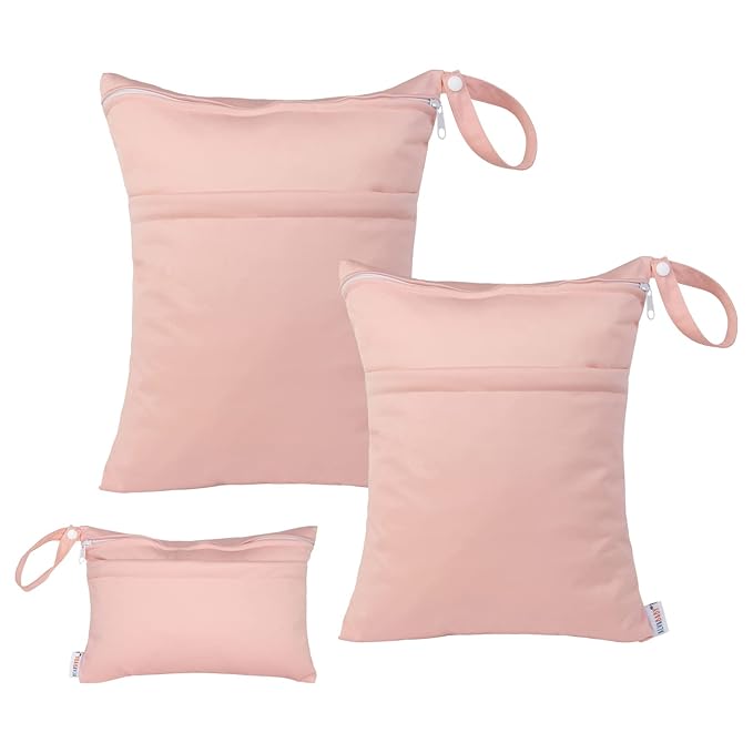 ALVABABY 3pcs Baby Cloth Diaper Wet/Dry Bags|Waterproof Reusable with Two Pockets|Travel, Beach, Pool, Daycare, Soiled Baby Items,Yoga，Gym Bag for Swimsuits or Wet Clothes (3 pcs in SML, Pink) 3L-B19