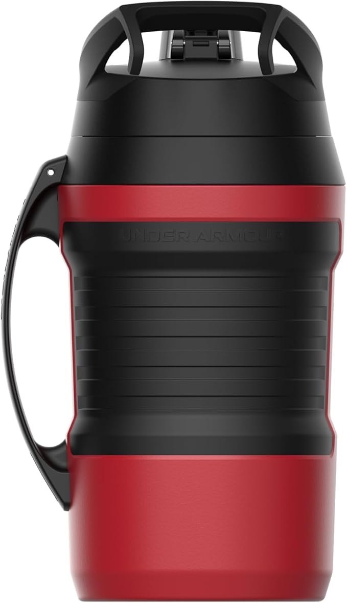 Under Armour Half Gallon Water Bottle Insulated, 64oz Insulated Water Bottle with Handle, Fence Hook, Leak Resistant, for Baseball, Football & More, Red/Black
