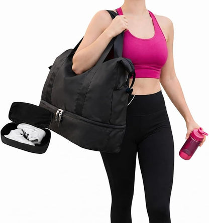 Japard 2 WAY Gym Small Bag for Women with Shoe Compartment, Waterproof Travel Duffel, Large Carry-On Tote with Wet Pocket & Luggage Sleeve, Sports Workout Bag (Black)