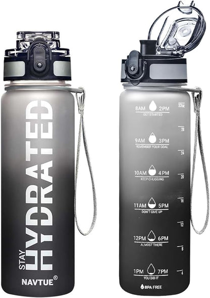 Water Bottle, 32oz Sports Water Bottles with Time Marker Wide Mouth, Motivational and Leakproof Drink Bottle, BPA Free Tritan with Carry Strap for Gym Fitness Outdoor (1 Bottle)