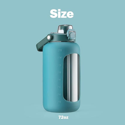 72oz Glass Water Bottle with 2-IN-1 Straw &Chug Lid, Large Motivational Glass Bottle with Capacity Marker and Silicone Sleeve, 2.1Liter Gallon Water Jug for Home, Sports, Gym, BPA Free-Green