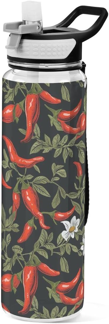 ALAZA Pepper Chili Leaves Flower Floral Sports Water Bottle with Straw Tritan Drink Bottle 32 oz BPA Free Reusable for Travel Outdoor Fitness