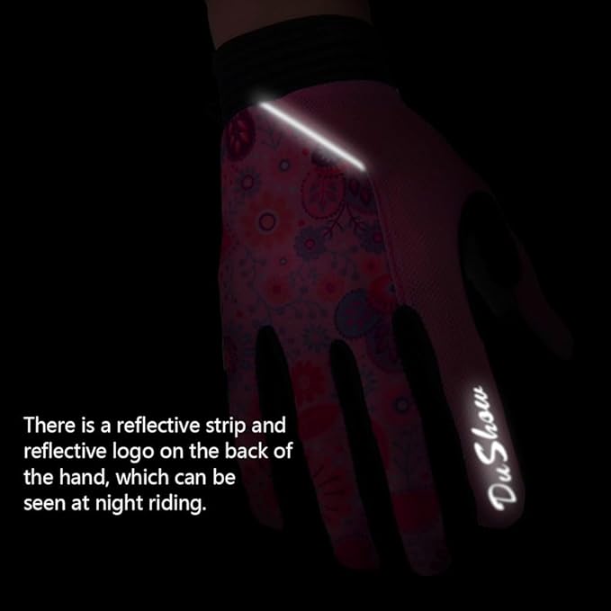 DuShow Bike Gloves for Women Cycling,Pink Floral Workout Gloves Women,Full Finger Biking Driving Riding Gloves for Women,Gel Padded Touch Screen Gym Gloves