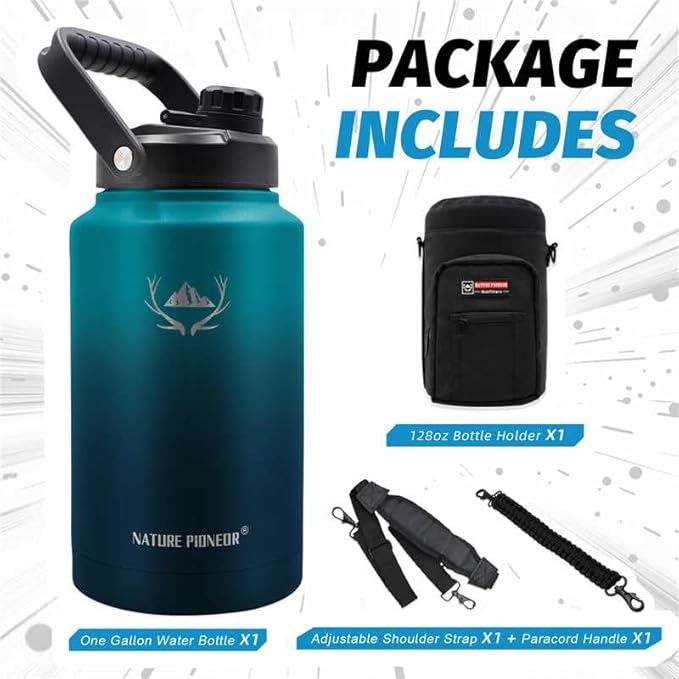 NATURE PIONEOR 1 Gallon Insulated Water Bottle - Double Vacuum Stainless Steel 128 oz Water Bottle with Holder/Carrier, Wide Mouth 1 gallon Water Jug for Outdoor Sports, Hiking, Camping, Gym