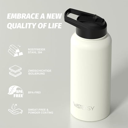 32oz Insulated Water Bottle (Cold for 48 Hrs),BPA Free&Leak Proof,Stainless Steel Water Flask,Water Jug with Straw Spout Lids for Gym,Hiking,Travel,White