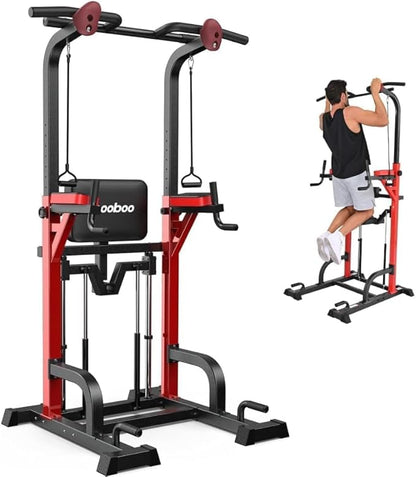 Pooboo Power Tower Dip Station Pull Up Bar for Fitness Home Gym Workout,450 Pounds Multi-Function Adjustable Height Fitness Strength Training Exercise Equipment,with Power Elastic Ropes