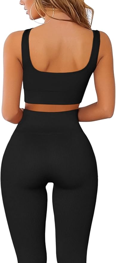 FAFOFA Ribbed Workout Outfits for Women 2 Piece Seamless Sport Bra High Waist Yoga Leggings Sets