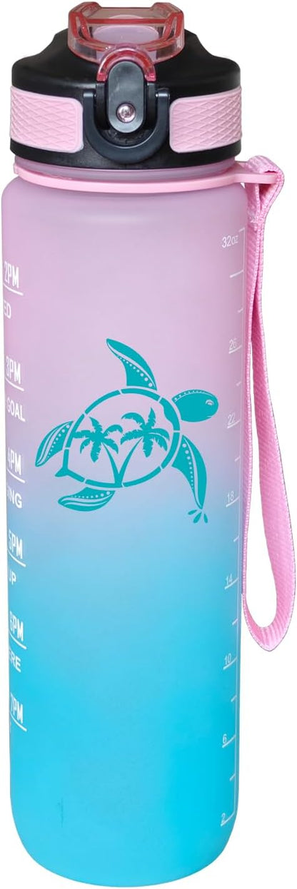 Sea Turtle Water Bottle with Straw, LeakProof, Carry Strap, BPA Free, 32 Oz Motivational Sport Water Bottle with Time Marker to Drink, Ideal for Gym Fitness Outdoor
