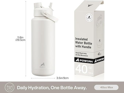 POWCAN 40 oz Insulated Water Bottle with 2-in-1 Straw and Spout Lid, Keep Cold 24H, Leak-Proof, BPA-Free, Double Wall Stainless Steel Water Bottle for Sports, Gym, Travel, and School (Ivory)