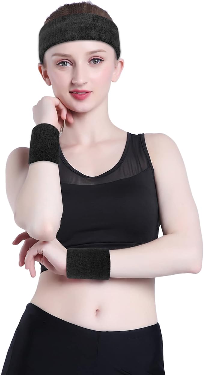 ONUPGO Sweatband Set Sports Headband Wristband Set Sweatbands Terry Cloth Wristband Wrist Sweatband Headbands Moisture Wicking Sweat Absorbing Head Band