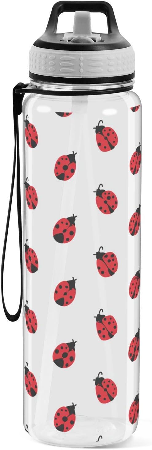 Fustylead Ladybug 32 oz BPA-Free Water Bottle with Straw, Leak-Proof Sport Bottle for Fitness, Gym, Camping, Outdoor Sports