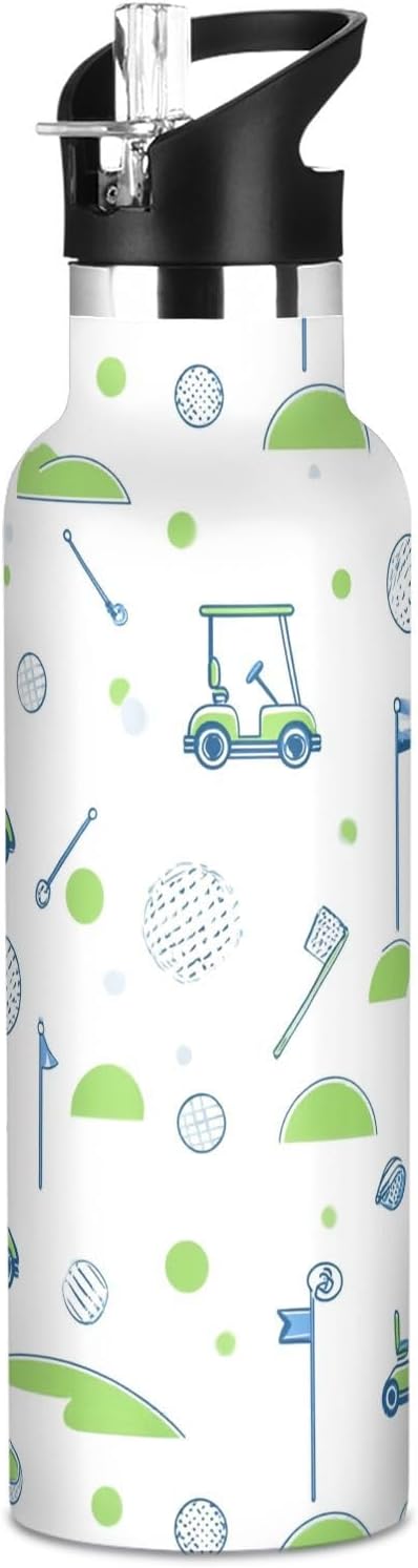 Insulated Water Bottle with Straw Golf Pattern Sports 20 Oz Kids Stainless Steel Water Flask Sports Travel Mug for Boys Girls