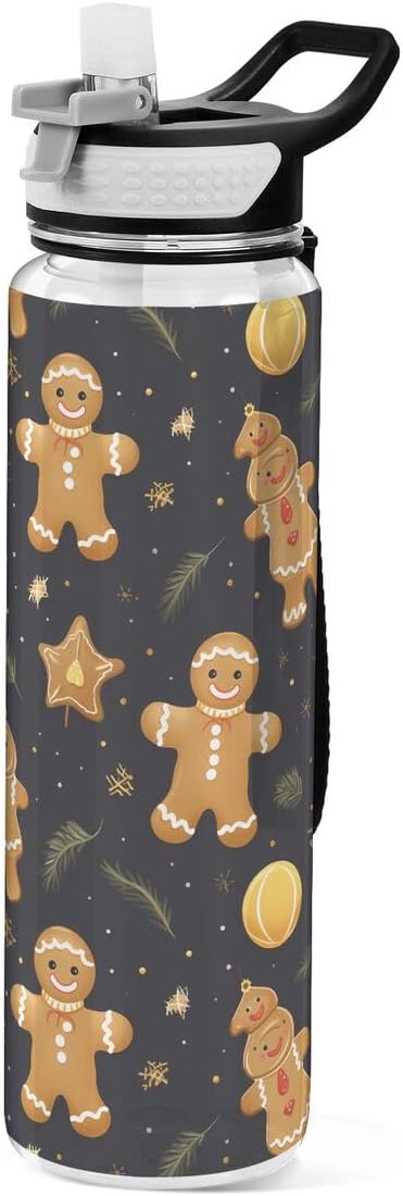 ALAZA Gold Gingerbread Leaf Merry Christmas Sports Water Bottle with Straw Tritan Drink Bottle 32 oz BPA Free Reusable for Travel Outdoor Fitness