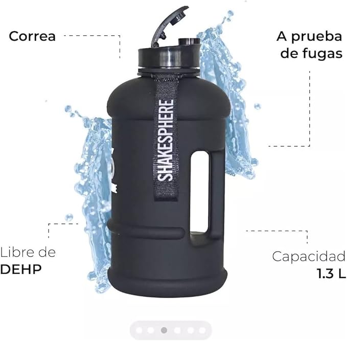 SHAKESPHERE Large Sports Water Bottle - 1.3L / 44oz - BPA-Free, Durable Hydration Jug, Black - Ideal for Fitness, Outdoor Activities, Biking, Camping & Kids (Matte Black w/White Logo)