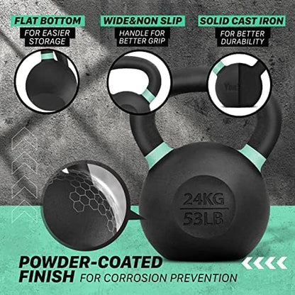 Yes4All Powder Coated Kettlebell, Cast Iron Core Kettlebells with Non-Slip Handle & Flat Bottom for Conditioning, Heavy Duty for Strength Training, 9lb to 71lb - Single & Pair