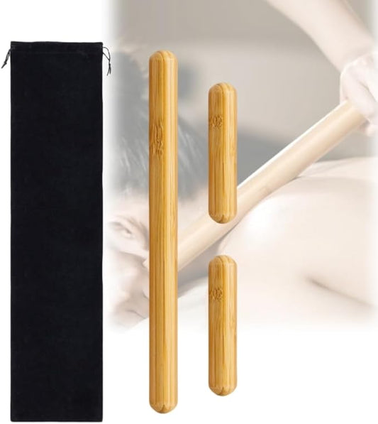 3PCS 100% Natural Solid Bamboo Massage Sticks,GuaSha Bamboo Massage Rollers for Back,Legs,Full Body,Deeply Deep Tissue Massage,Muscle Relax,Body Shaping,Portable Therapy Set(with Storage Bag)