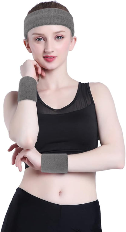 ONUPGO Sweatband Set Sports Headband Wristband Set Sweatbands Terry Cloth Wristband Wrist Sweatband Headbands Moisture Wicking Sweat Absorbing Head Band