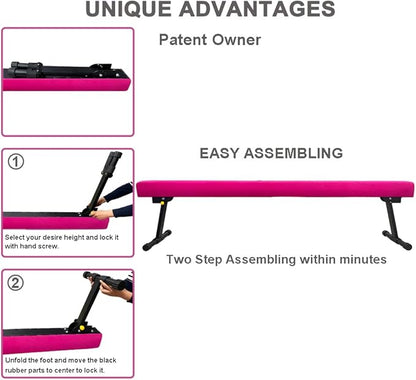 GLANT 8ft Ultrasimple Adjustable&Foldable Balance Beam,High-Low Floor Beam Suede Gymnastics Equipment,No Tool Require, Gymnastics Beam for Training&Professional HomeTraining