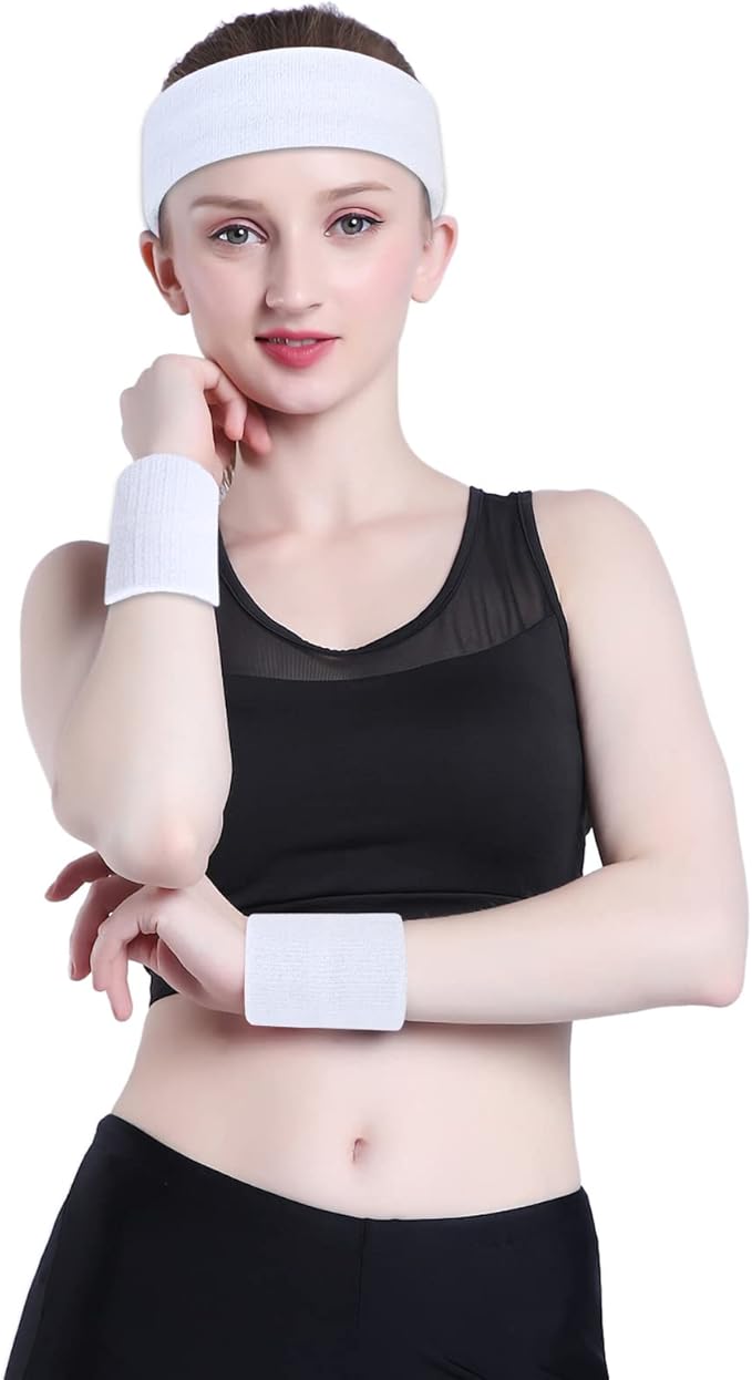ONUPGO Sweatband Set Sports Headband Wristband Set Sweatbands Terry Cloth Wristband Wrist Sweatband Headbands Moisture Wicking Sweat Absorbing Head Band
