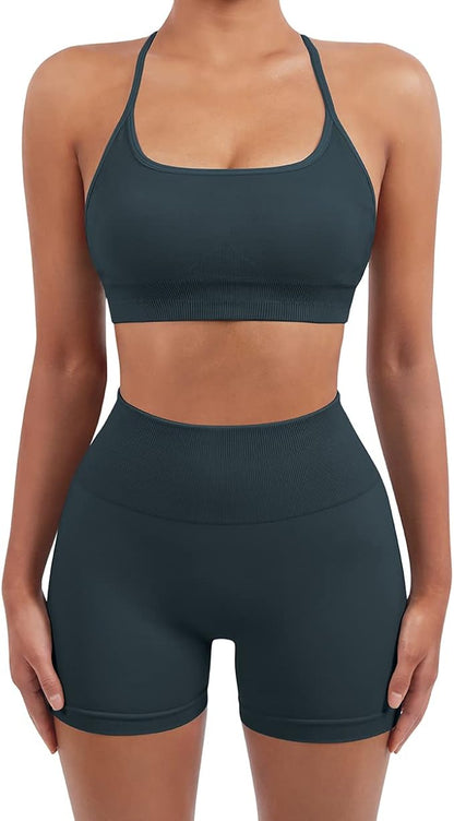 SUUKSESS Women Seamless Workout Sets Strappy Sports Bra High Waist Booty Shorts Outfits