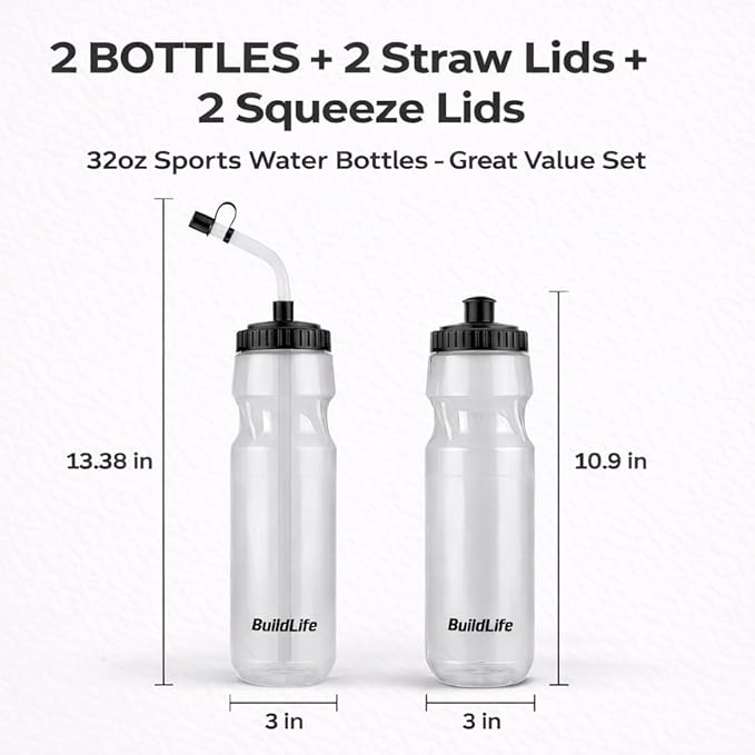 Hockey Water Bottle with Long Straw -32 OZ Squeeze Sports Water Bottles 2 Pack with 2 Lids Each(Straw and Squeeze),Lacrosse Water Bottle for Helmet Hockey,Football,Boxing,BPA Free,Dishwash Safe(Clear)