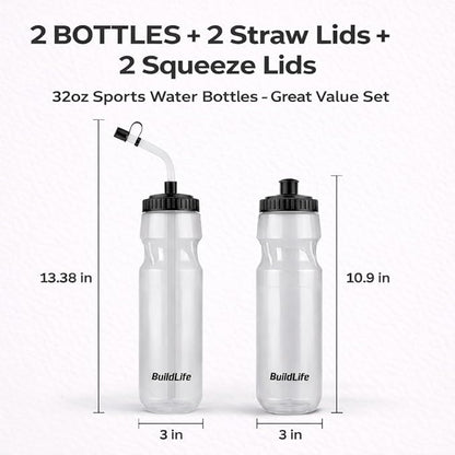 Hockey Water Bottle with Long Straw -32 OZ Squeeze Sports Water Bottles 2 Pack with 2 Lids Each(Straw and Squeeze),Lacrosse Water Bottle for Helmet Hockey,Football,Boxing,BPA Free,Dishwash Safe(Clear)