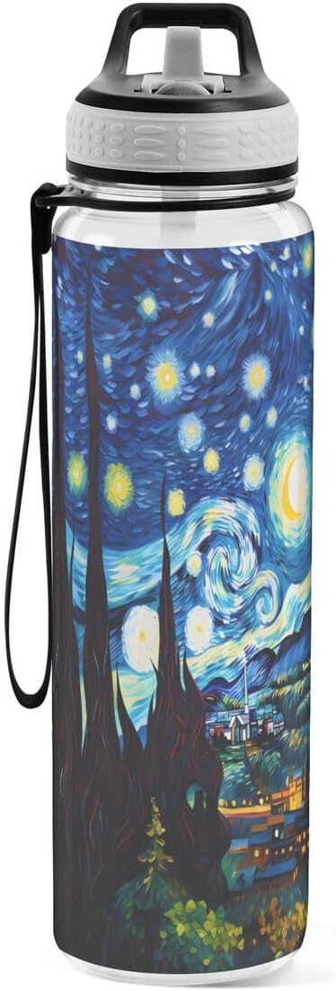 ALAZA Starry Night Mountain Art Sports Water Bottle with Straw Tritan Drink Bottle 32 oz BPA Free Reusable for Travel Outdoor Fitness