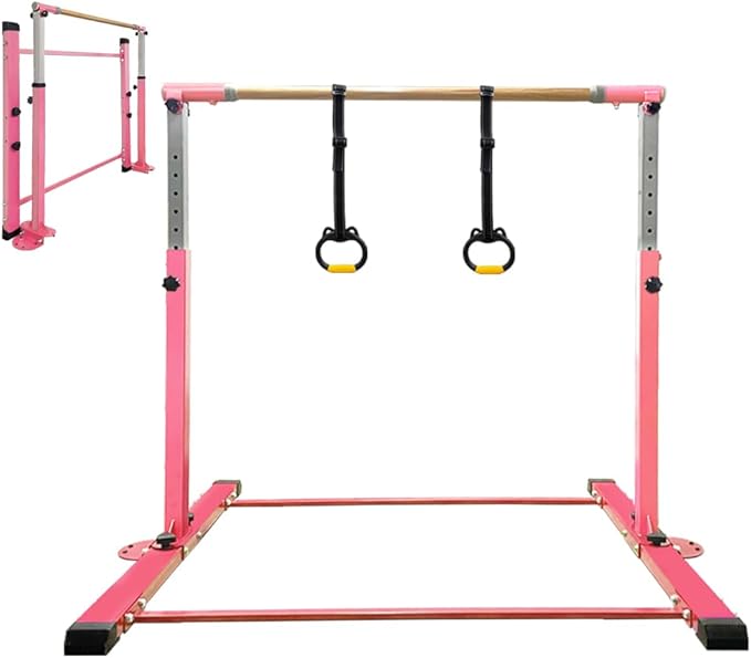 Gymnastics Bar for Kids Girls Ages 3-15 with Ring for Home Indoor Training Equipment- Steady Steel Construction, Anti-Slip, Easy to Assemble, 3' to 5' Adjustable Height