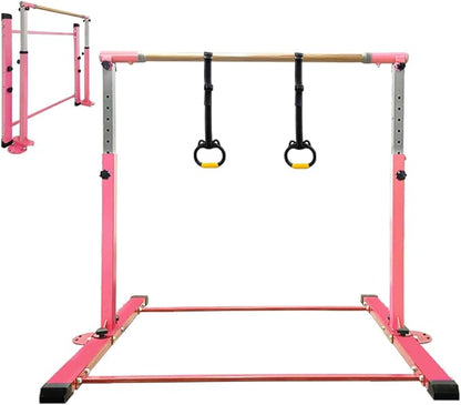 Gymnastics Bar for Kids Girls Ages 3-15 with Ring for Home Indoor Training Equipment- Steady Steel Construction, Anti-Slip, Easy to Assemble, 3' to 5' Adjustable Height