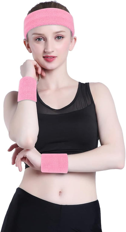 ONUPGO Sweatband Set Sports Headband Wristband Set Sweatbands Terry Cloth Wristband Wrist Sweatband Headbands Moisture Wicking Sweat Absorbing Head Band