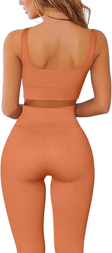 FAFOFA Ribbed Workout Outfits for Women 2 Piece Seamless Sport Bra High Waist Yoga Leggings Sets