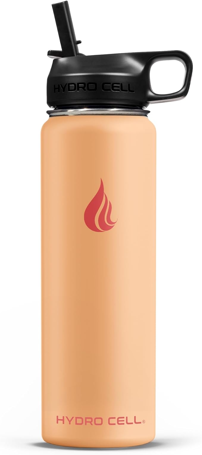 HYDRO CELL Stainless Steel Insulated Water Bottle with Straw - For Cold & Hot Drinks - Metal Vacuum Flask with Screw Cap and Modern Leakproof Sport Thermos for Adults (Peach 24oz)