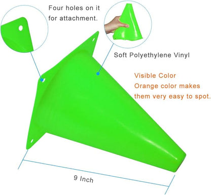 9 Inch Plastic Training Traffic Cones, Sport Cones, Agility Field Marker Cones for Soccer Basketball Football Drills Training, Outdoor Activity or Events - (Set of 10, 12, 15 or 24, 4 Colors)