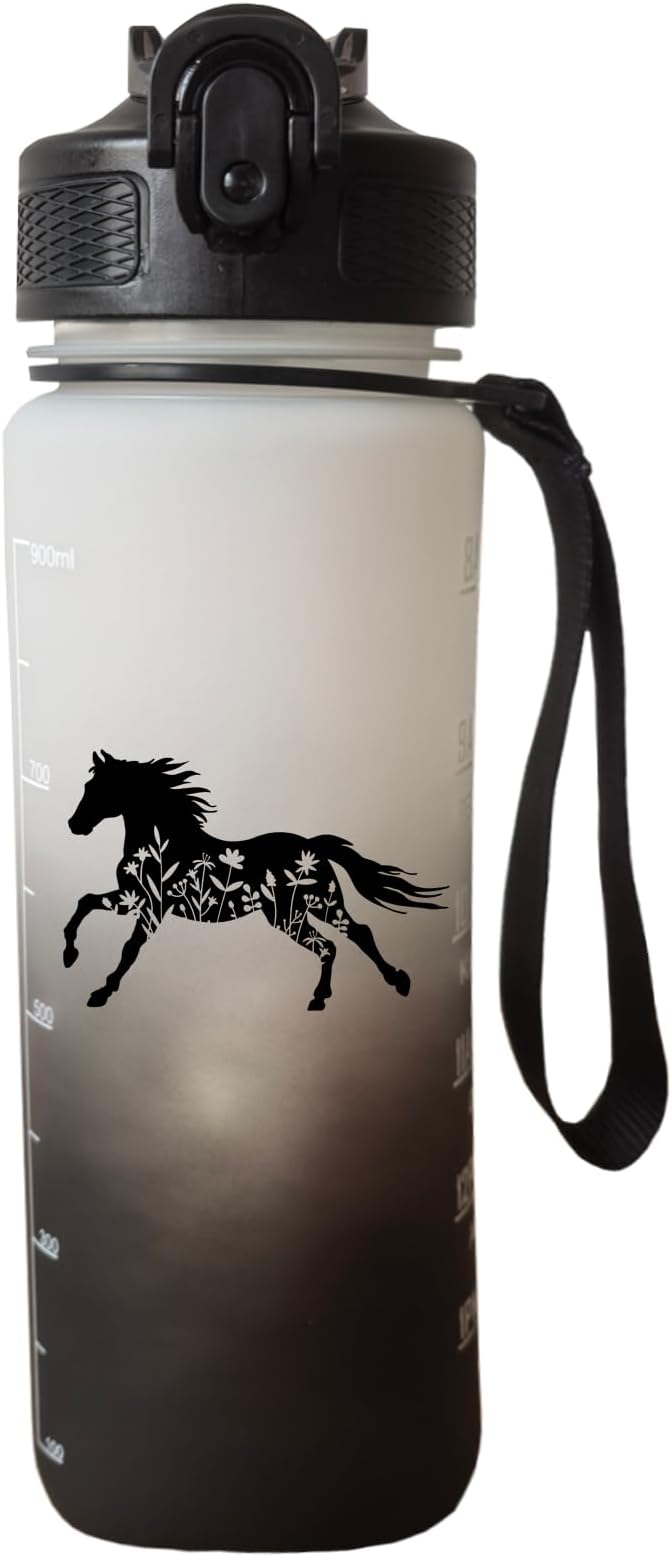 Floral and Horse 32 oz Water Bottle with Times Marker to Drink and Straw, Carrying Strap, Leakproof BPA-Free, Ensure You Drink Enough Water for Fitness, Gym, Camping, Outdoor Sports