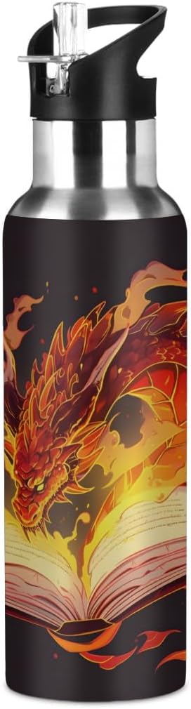 AUUXVA Fiery Dragon Vacuum Insulated Water Bottle Stainless Steel Kids Sport Jug with Straw Lid Wide Mouth Leakproof BPA Free for Bike Running Walking Outdoor 20 Oz