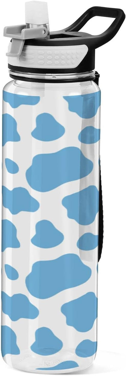 Fustylead Blue Cow Print Tritan Water Bottle with Straw and Lids, 32 oz Reusable BPA Free Sport Water Bottle for Gym Camping Hiking Travel