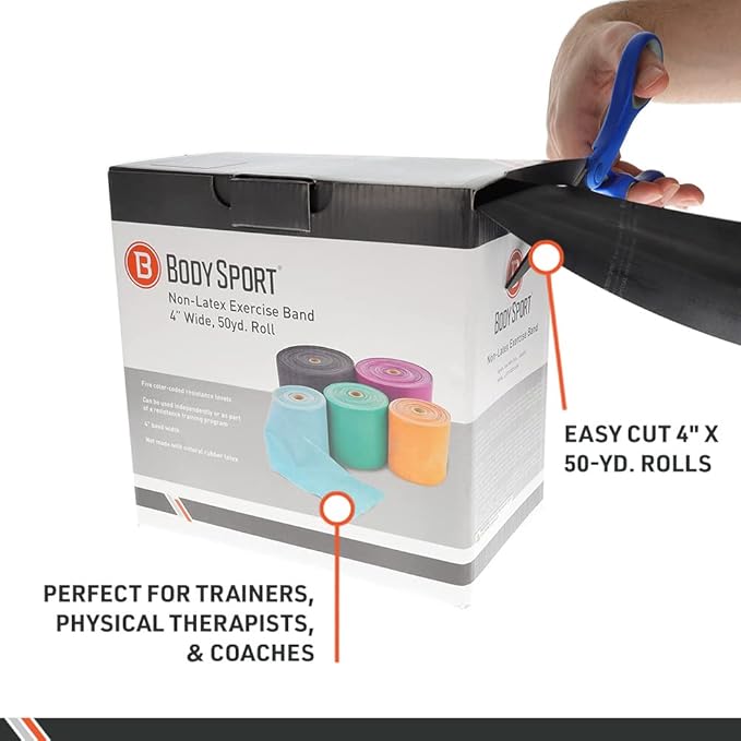Body Sport Exercise Band, 50 yd. x 4 in. Roll - Home & Gym Fitness Equipment for Stretching, Strength Training & Physical Therapy
