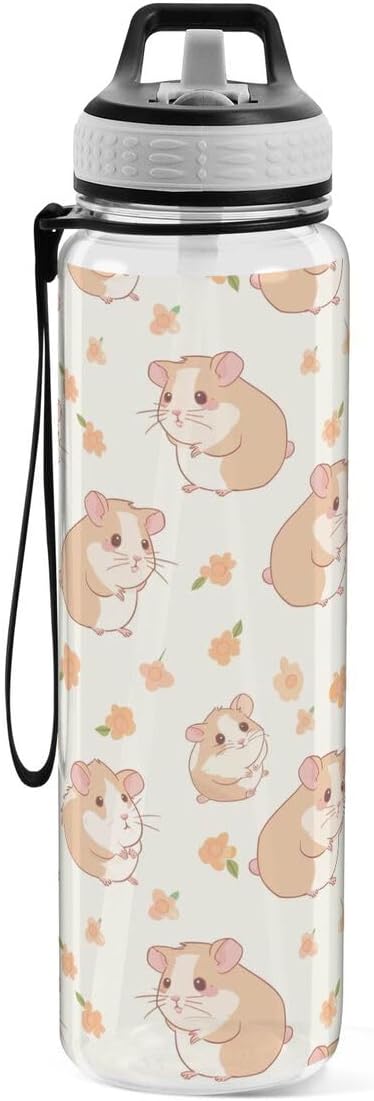ALAZA Hipster Hamster Flower Floralhippo Sports Water Bottle with Straw Tritan Drink Bottle 32 oz BPA Free Reusable for Travel Outdoor Fitness