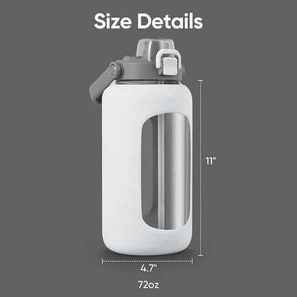 72oz Glass Water Bottle with 2-IN-1 Straw &Chug Lid, Large Motivational Glass Bottle with Capacity Marker and Silicone Sleeve, 2.1Liter Gallon Water Jug for Home, Sports, Gym, BPA Free-White