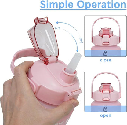 64 oz Large Capacity Water Bottle with Motivational Time Markers and Straw, Portable, Leakproof, BPA Free for Fitness, Gym and Outdoor Sports. (Pink)