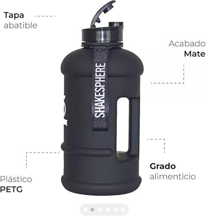 SHAKESPHERE Large Sports Water Bottle - 1.3L / 44oz - BPA-Free, Durable Hydration Jug, Black - Ideal for Fitness, Outdoor Activities, Biking, Camping & Kids (Matte Black w/White Logo)