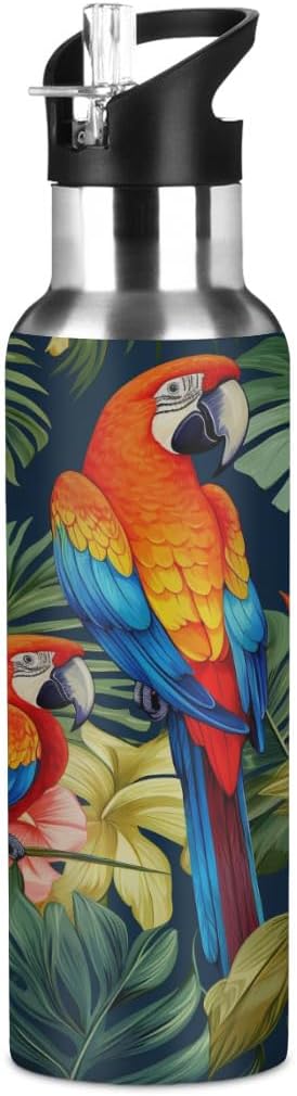 AUUXVA Cute Parrot Macaw Bird Water Bottle Vacuum Insulated Stainless Steel Mug Kids Water Bottle with Straw and Handle Keep Hot Cold Sport Bike Fit Travel Outdoor 20 oz